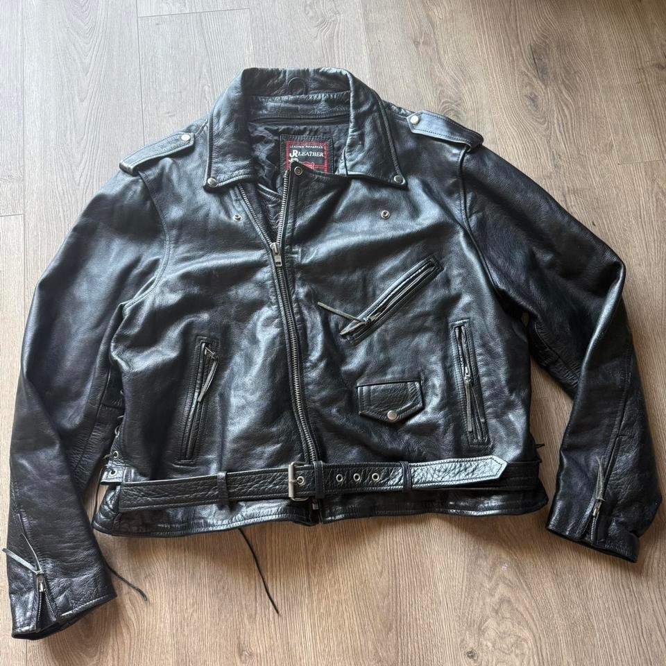 Vintage Rleather Black Leather Moto Jacket Belted Oversized Biker Men's Xl